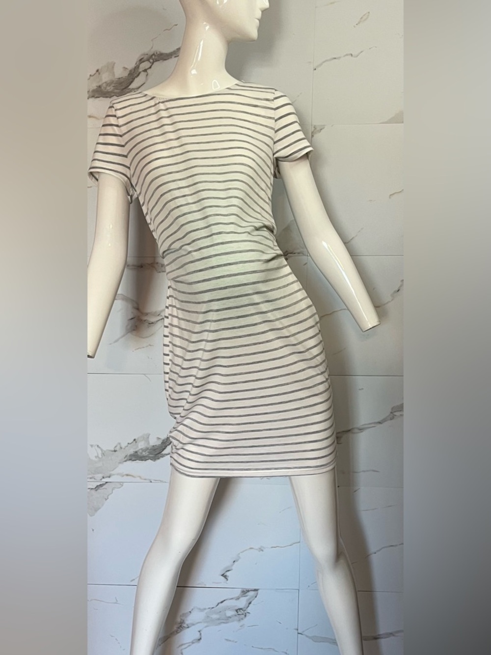 Maternity Striped Short Sleeve Stretch T-Shirt Mini Dress White & Gray Size M